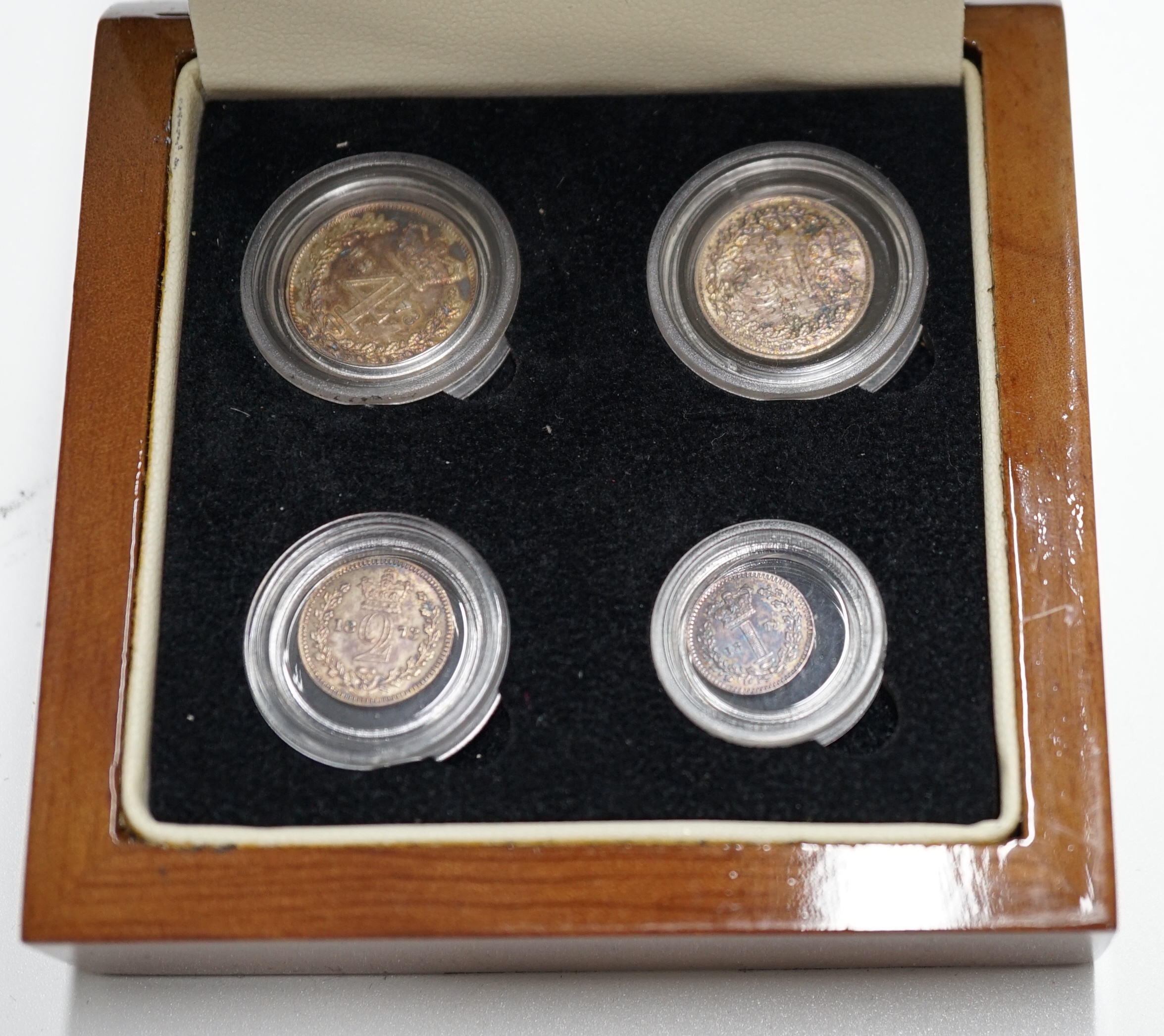 British silver coins, Victoria Young portrait four coin set of Maundy coins, 1873, toned UNC, London mint office case